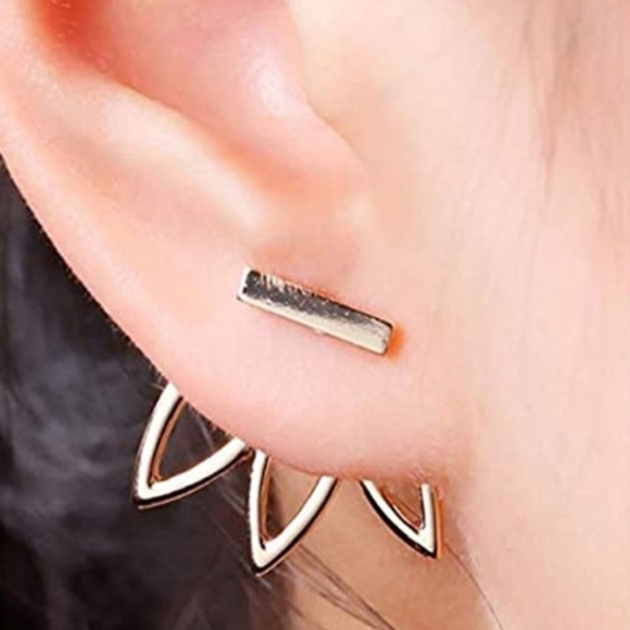 Gold Tone Lotus Stud Earrings - Picture 3 of 4